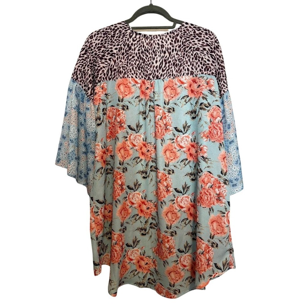 NWT-Mixed Print Floral Leopard Kimono/Coverup Open Front Blue Coral Medium - Picture 5 of 5